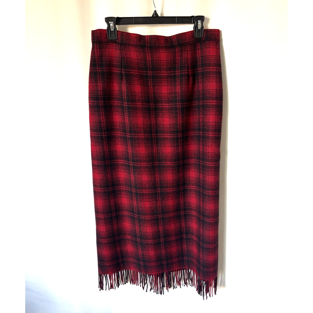 Woolrich Skirt 12 Midi Wool Blend Straight Plaid Black Red Check